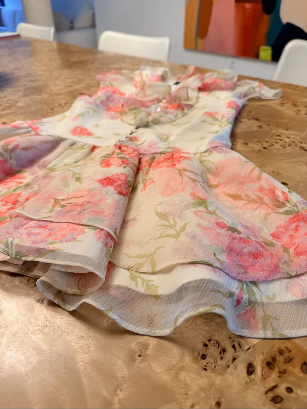 Ralph Lauren Ivory Floral Ruffle Chiffon Dress with Coral Accents